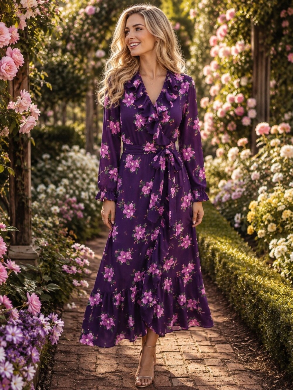 Draper James womens floral midi Medium asymmetrical wrap ruffle dress purple